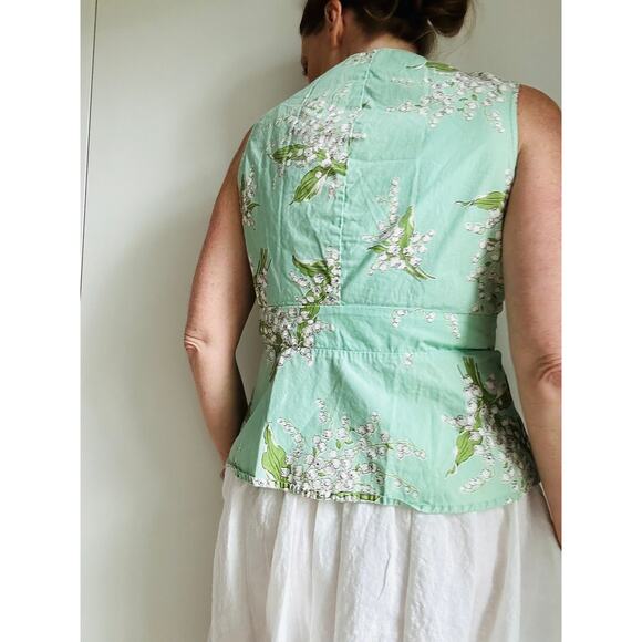 VTG 90s Cotton Peplum Mint Green Blouse Size L-10 Floral Print Retro Cottagecore - Picture 7 of 8